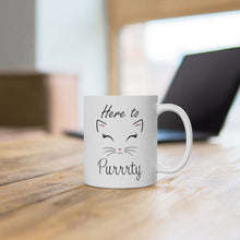 Load image into Gallery viewer, Here to Purrrty, Cat Mug, White Ceramic Mug - Furbaby Flowers LLC