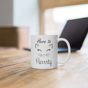 Here to Purrrty, Cat Mug, White Ceramic Mug - Furbaby Flowers LLC