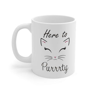 Here to Purrrty, Cat Mug, White Ceramic Mug - Furbaby Flowers LLC