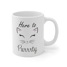 Load image into Gallery viewer, Here to Purrrty, Cat Mug, White Ceramic Mug - Furbaby Flowers LLC