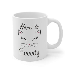 Here to Purrrty, Cat Mug, White Ceramic Mug - Furbaby Flowers LLC